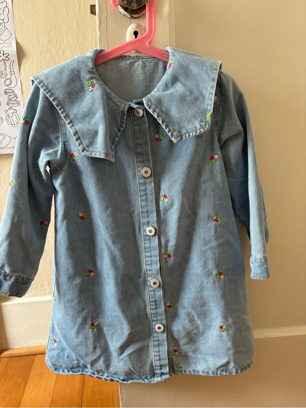 SHEIN Light Blue Denim Dress with Pink & Green Floral Embroidery